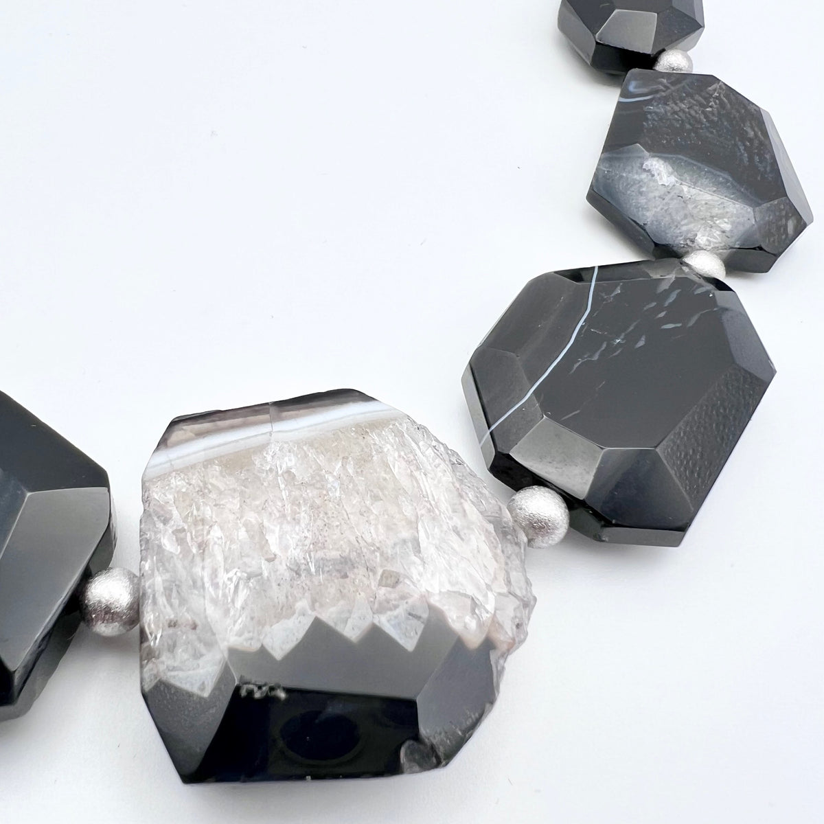 Faceted crystal Agate necklace with stainless steel chain and toggle clasp, gemstones in grey and white tones with sharp polished edges — Lawless Jewellery.