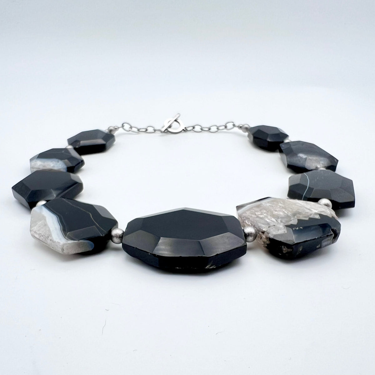 Faceted crystal Agate necklace with stainless steel chain and toggle clasp, gemstones in grey and white tones with sharp polished edges — Lawless Jewellery.