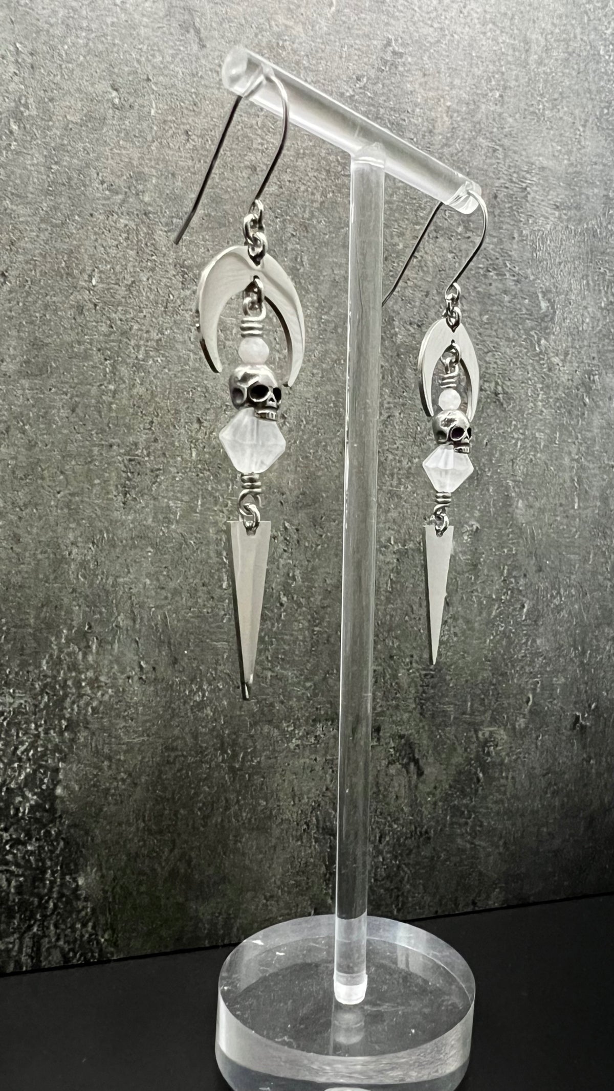 Silver stainless steel earrings featuring Moonstone, Quartz Crystal, and small skull details — limited edition design from The Shadow Edit — Lawless Jewellery.