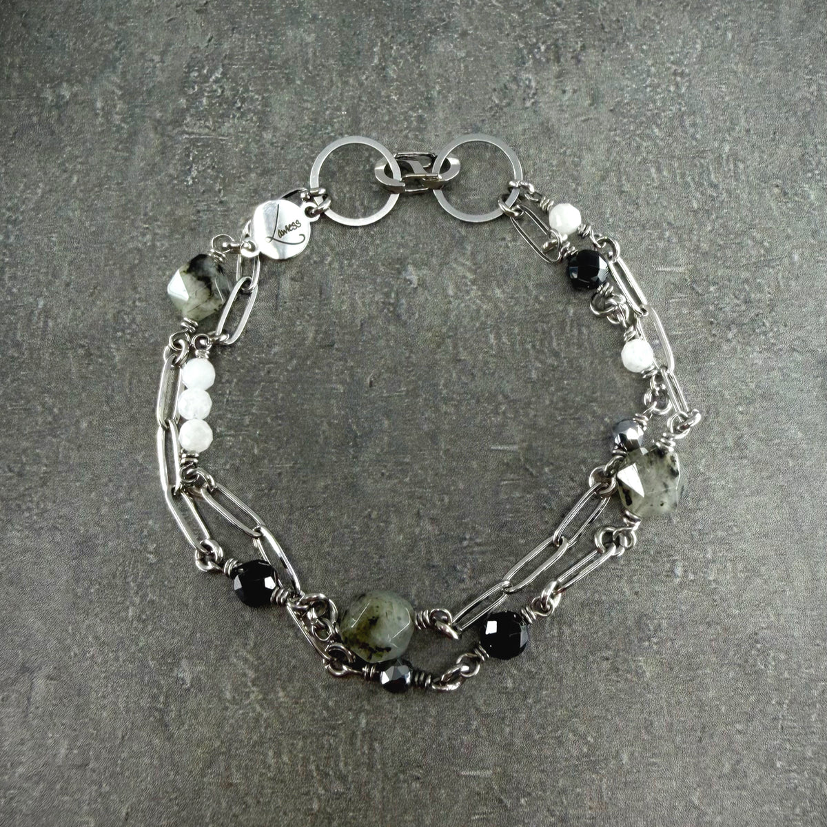 Double-strand bracelet featuring mixed gemstones in black, grey, white, and silver tones — Labradorite, Spinel, Moonstone, and Terahertz — Lawless Jewellery.