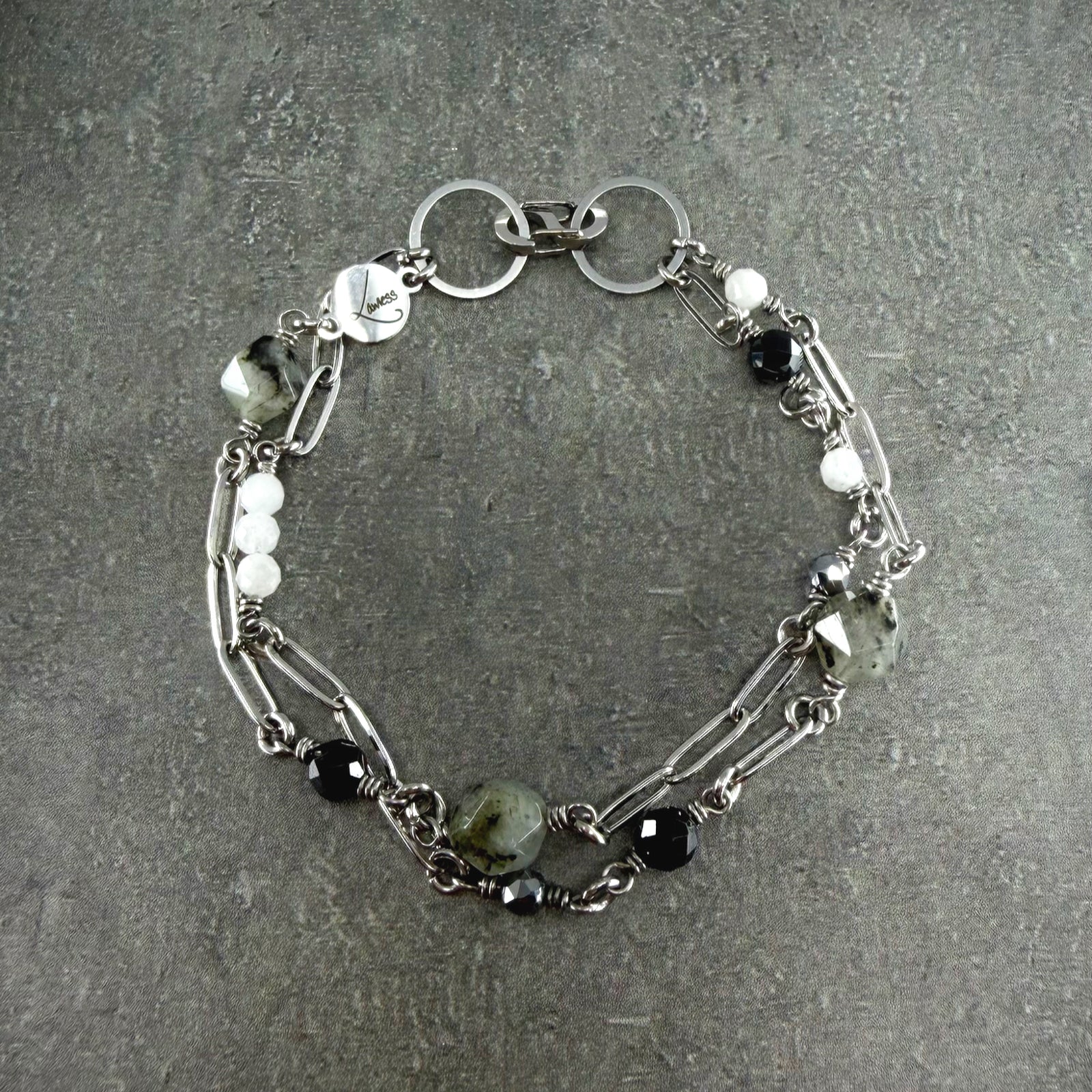 Double-strand bracelet featuring mixed gemstones in black, grey, white, and silver tones — Labradorite, Spinel, Moonstone, and Terahertz — Lawless Jewellery.