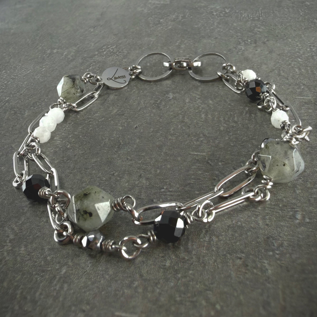 Double-strand bracelet featuring mixed gemstones in black, grey, white, and silver tones — Labradorite, Spinel, Moonstone, and Terahertz — Lawless Jewellery.