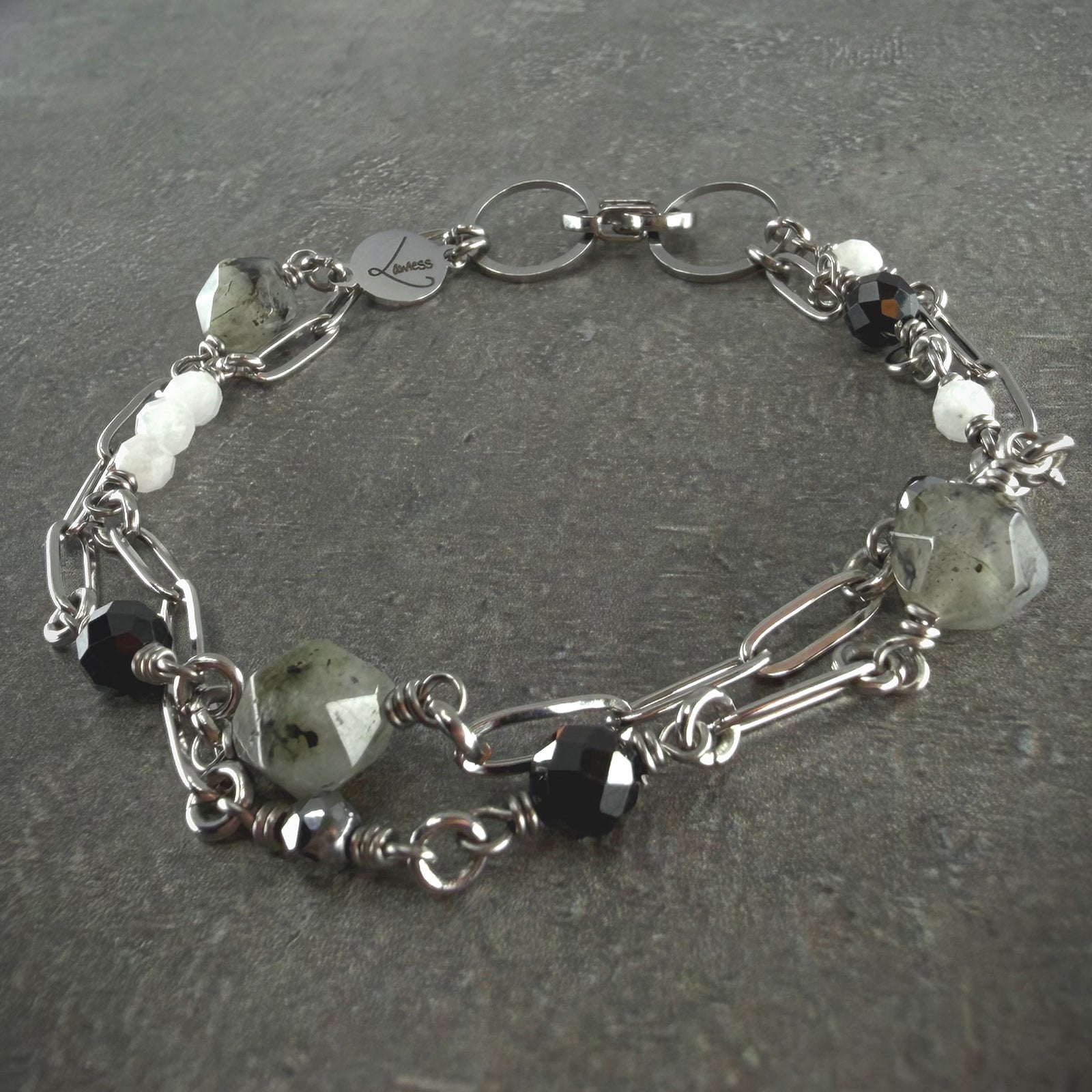 Double-strand bracelet featuring mixed gemstones in black, grey, white, and silver tones — Labradorite, Spinel, Moonstone, and Terahertz — Lawless Jewellery.