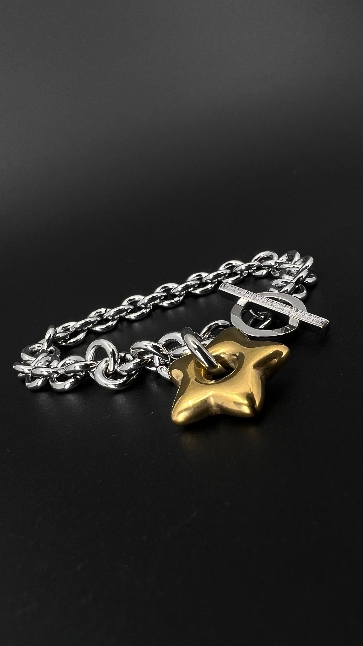 Mixed-metal stainless steel bracelet featuring an 18mm gold star charm on a silver chain with toggle clasp, photographed on a dark background.