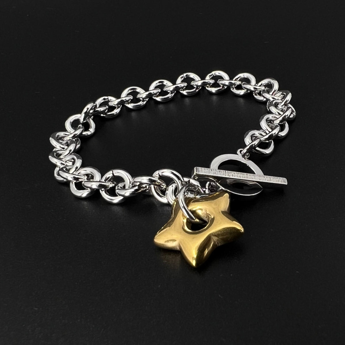 Mixed-metal stainless steel bracelet featuring an 18mm gold star charm on a silver chain with toggle clasp, photographed on a dark background.