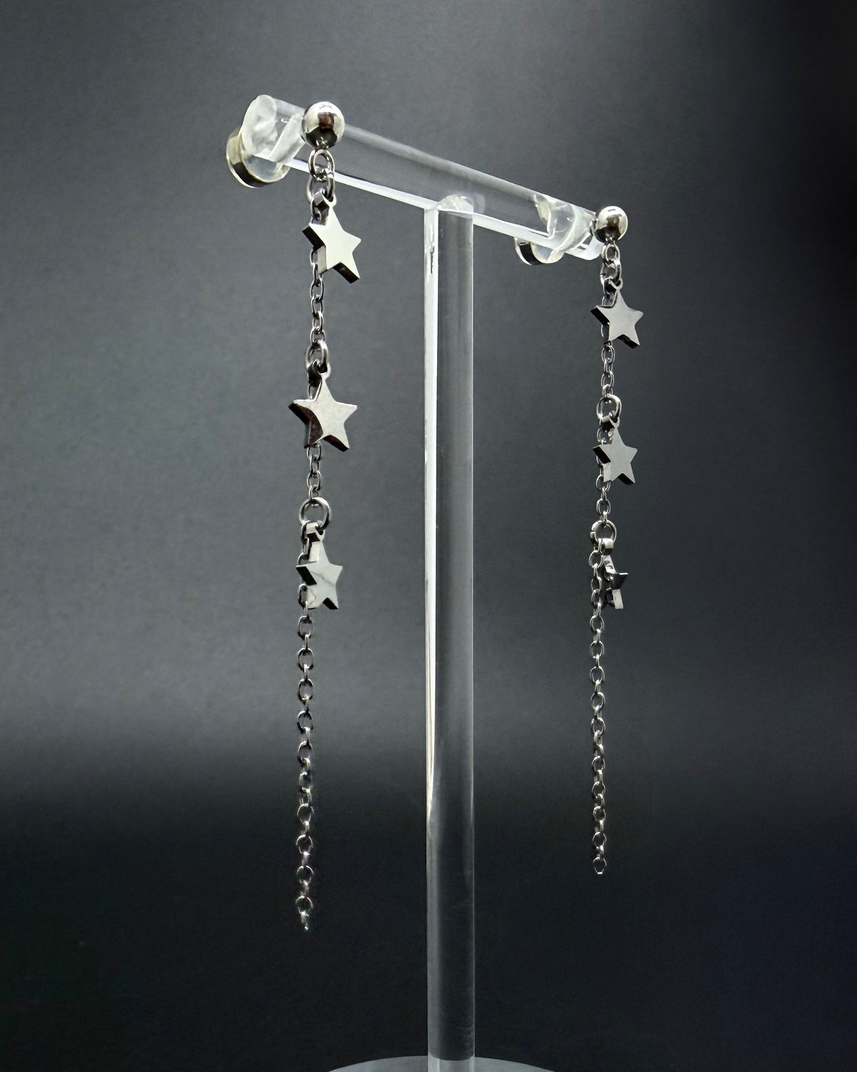 Short silver star drop earrings with fine stainless steel chain, Urania Meridian Earrings 7 cm by Lawless Jewellery