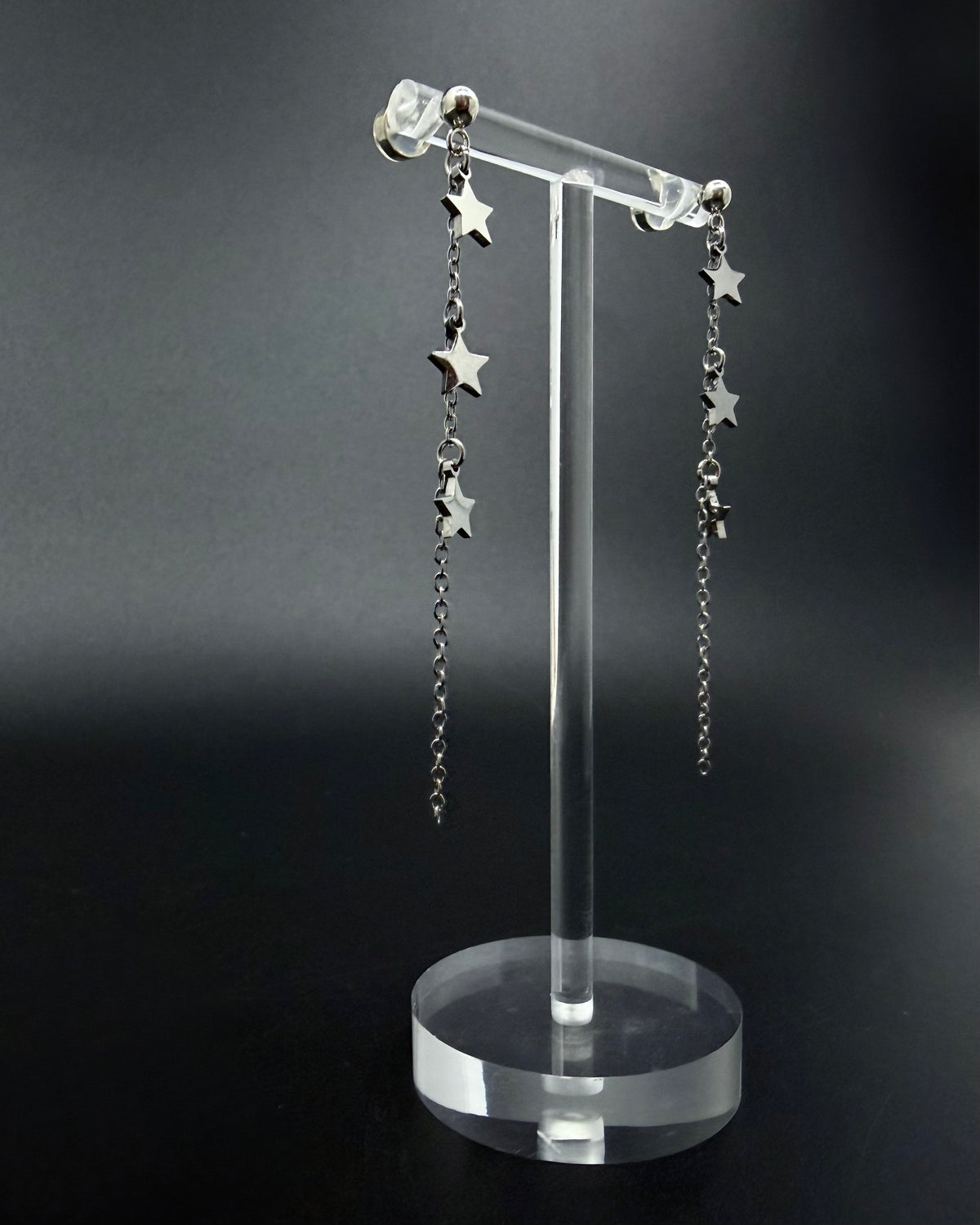 Short silver star drop earrings with fine stainless steel chain, Urania Meridian Earrings 7 cm by Lawless Jewellery