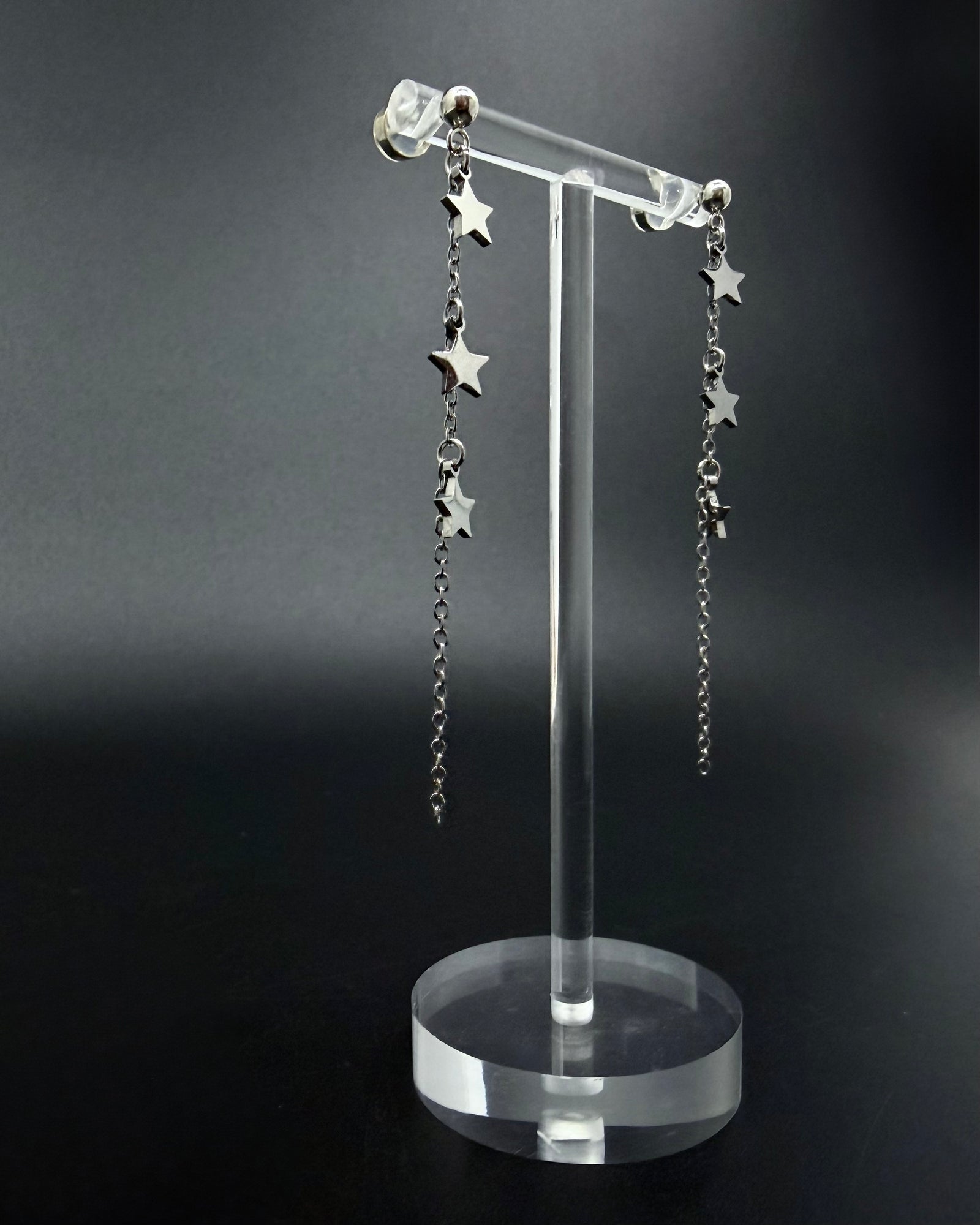 Short silver star drop earrings with fine stainless steel chain, Urania Meridian Earrings 7 cm by Lawless Jewellery