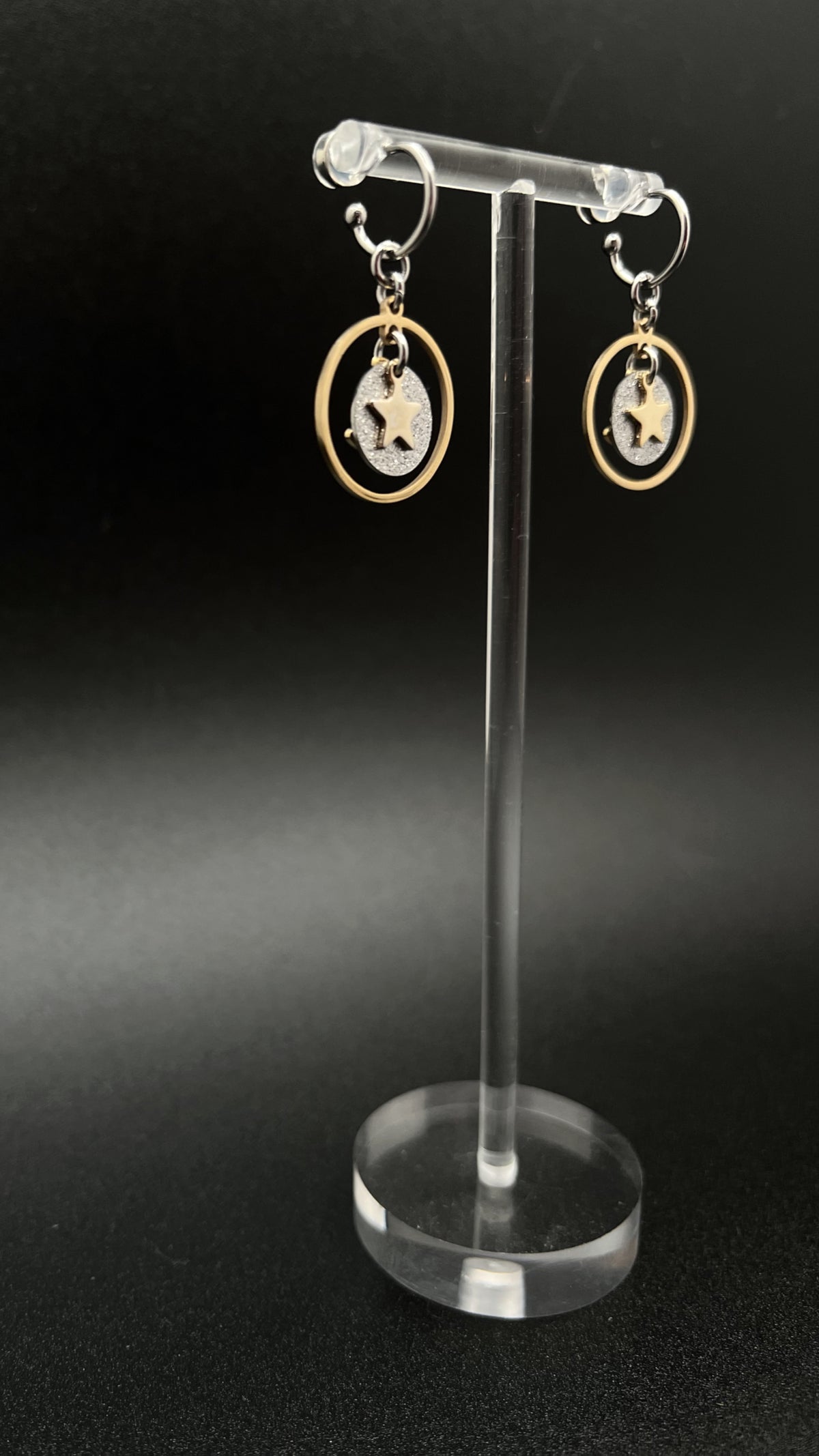 Mixed-metal stainless steel hoop earrings with detachable gold and silver moon and star charms and a textured disc in a 20 mm ring — Lawless Jewellery