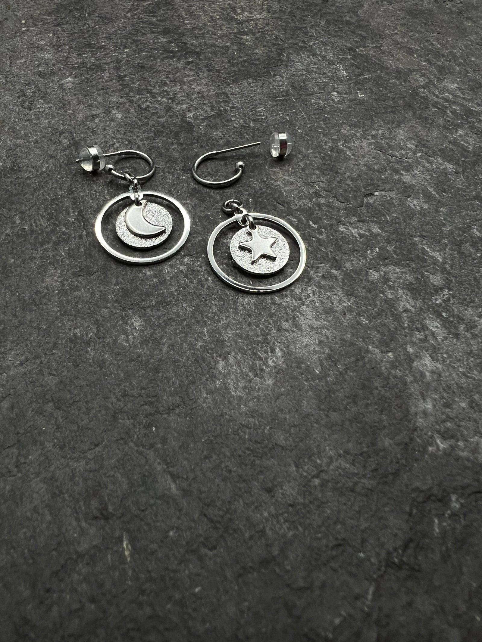 Silver stainless steel hoop earrings with detachable moon and star charms and a textured disc inside a 20 mm ring, 4 cm drop — Lawless Jewellery