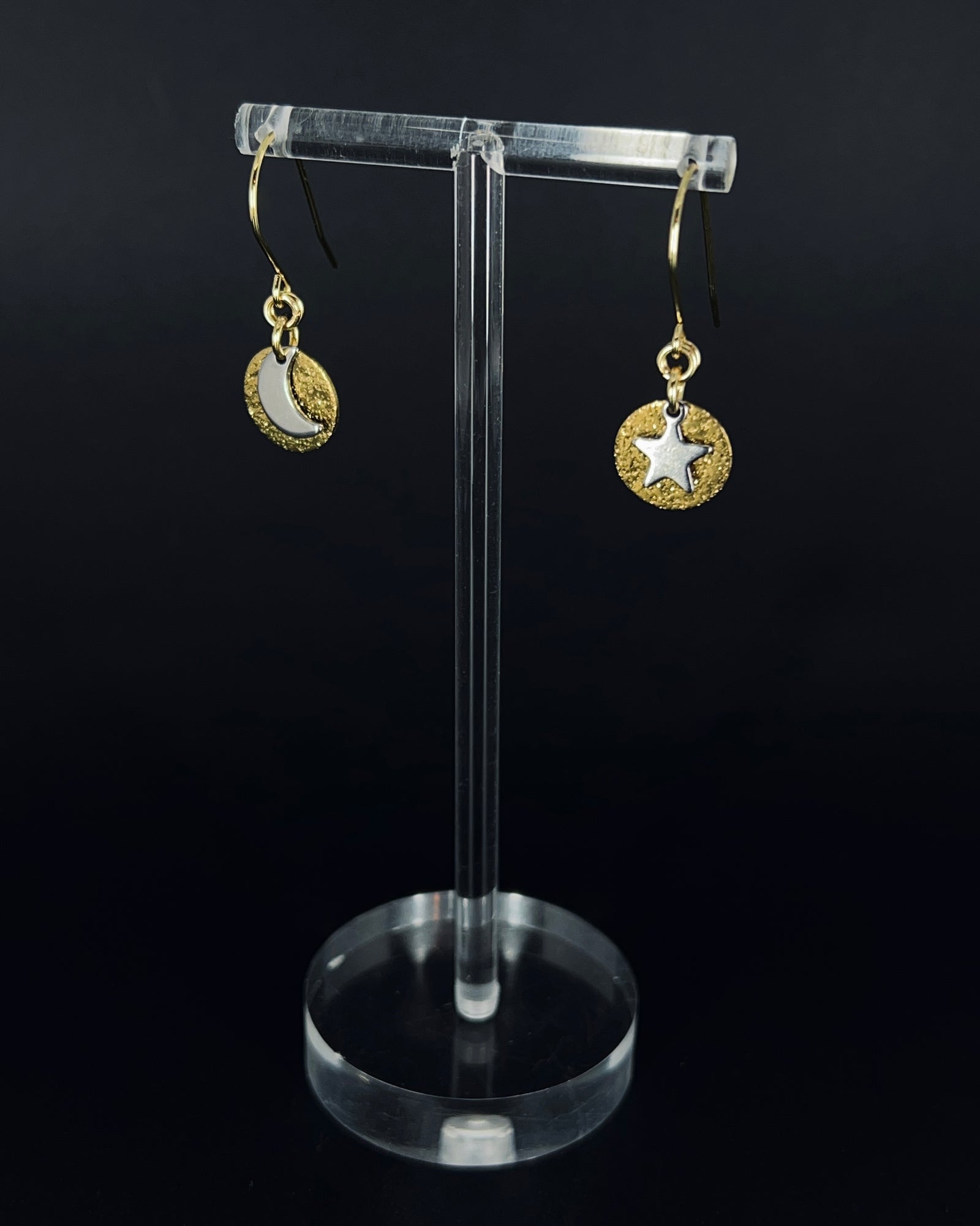 Gold and silver moon and star earrings with textured gold discs, minimalist celestial drop earrings by Lawless Jewellery