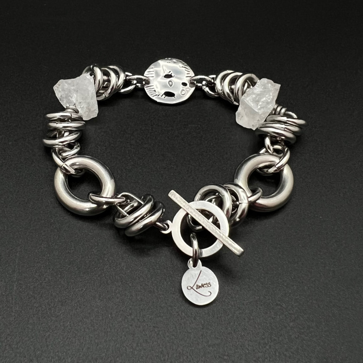 Silver-tone stainless steel bracelet with raw clear quartz crystal nuggets (approx. 15 × 10 mm) and toggle clasp, 20 cm length — Lawless Jewellery