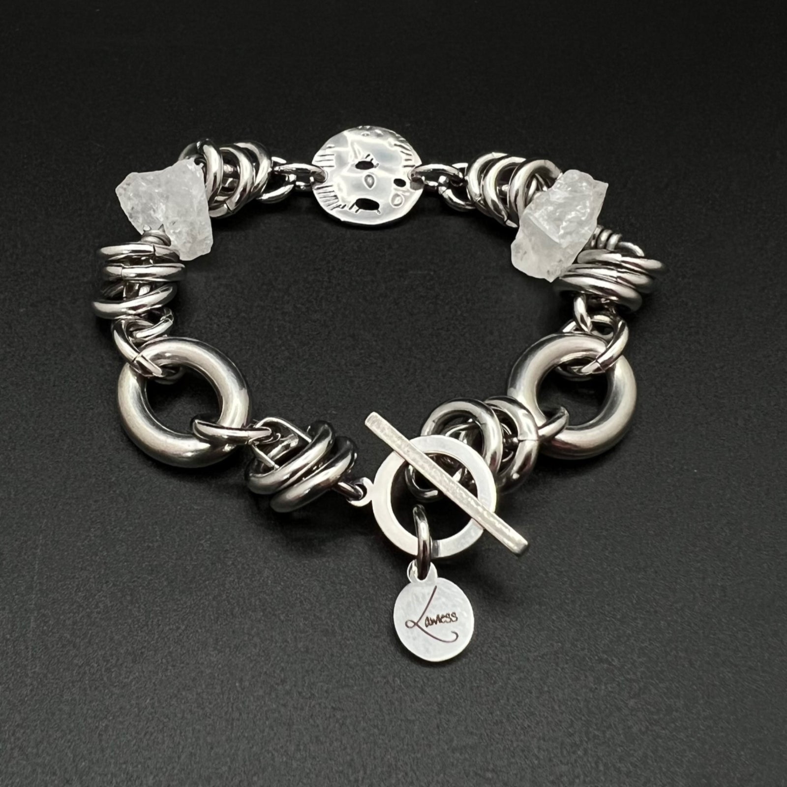 Silver-tone stainless steel bracelet with raw clear quartz crystal nuggets (approx. 15 × 10 mm) and toggle clasp, 20 cm length — Lawless Jewellery