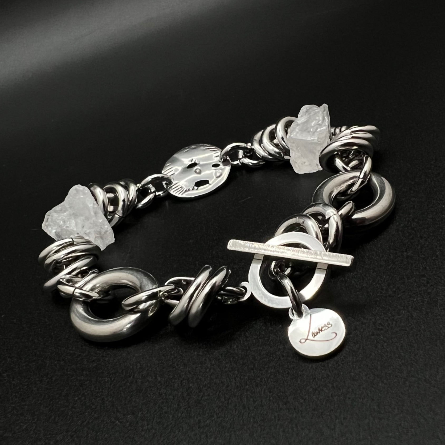 Silver-tone stainless steel bracelet with raw clear quartz crystal nuggets (approx. 15 × 10 mm) and toggle clasp, 20 cm length — Lawless Jewellery
